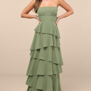Lulus Gorgeous Essence Sage Strapless Tiered Maxi Dress Green - Size M